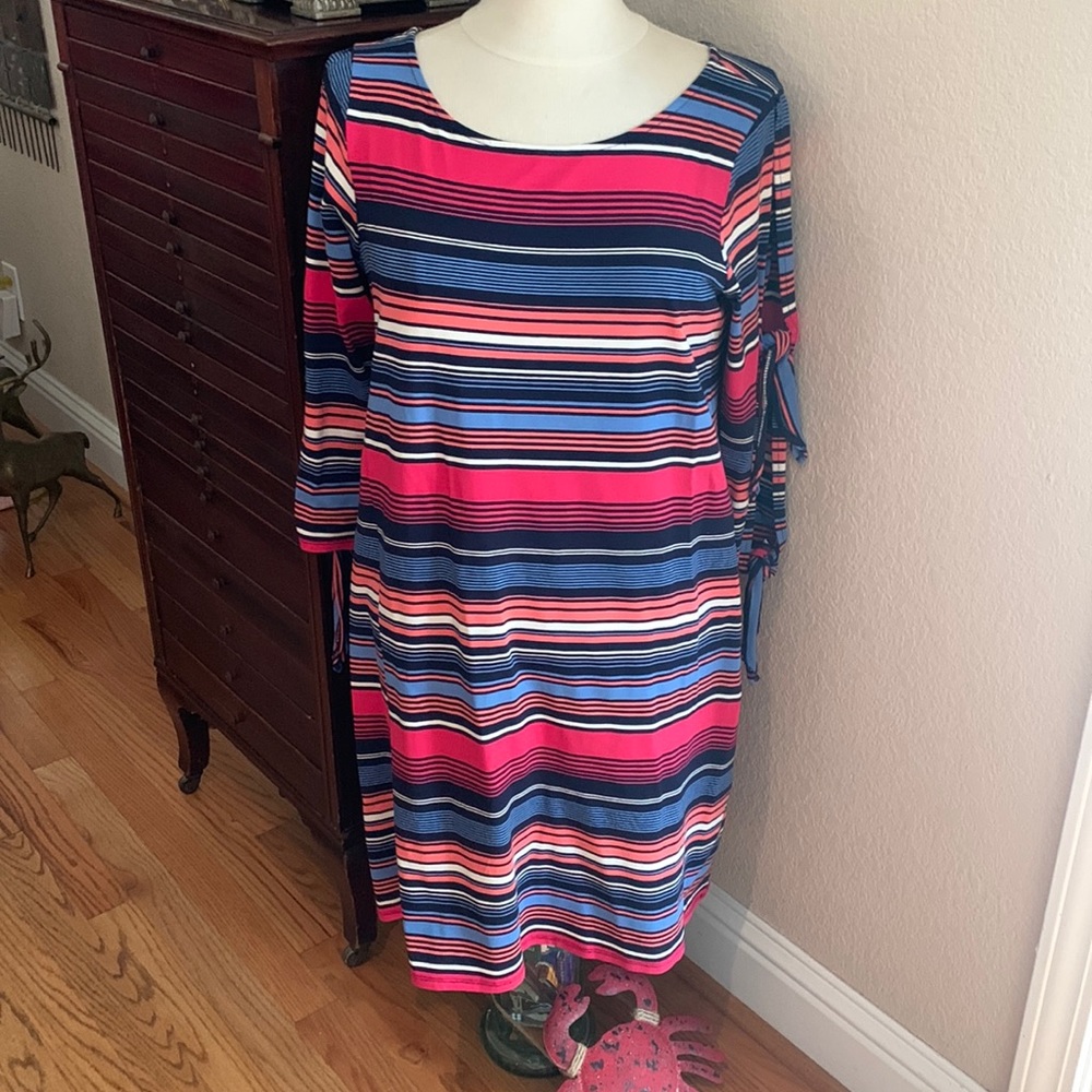 Cupio Bright Stripe Long “Peek-a-Boo” Tie Knot Sleeve Knit Dress